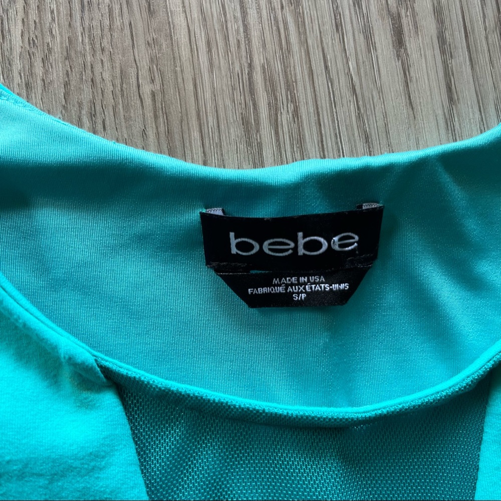 Bebe Women’s Small Aqua Peplum Tank Top Blouse w/ V-Neck Mesh Video - Picture 4 of 8